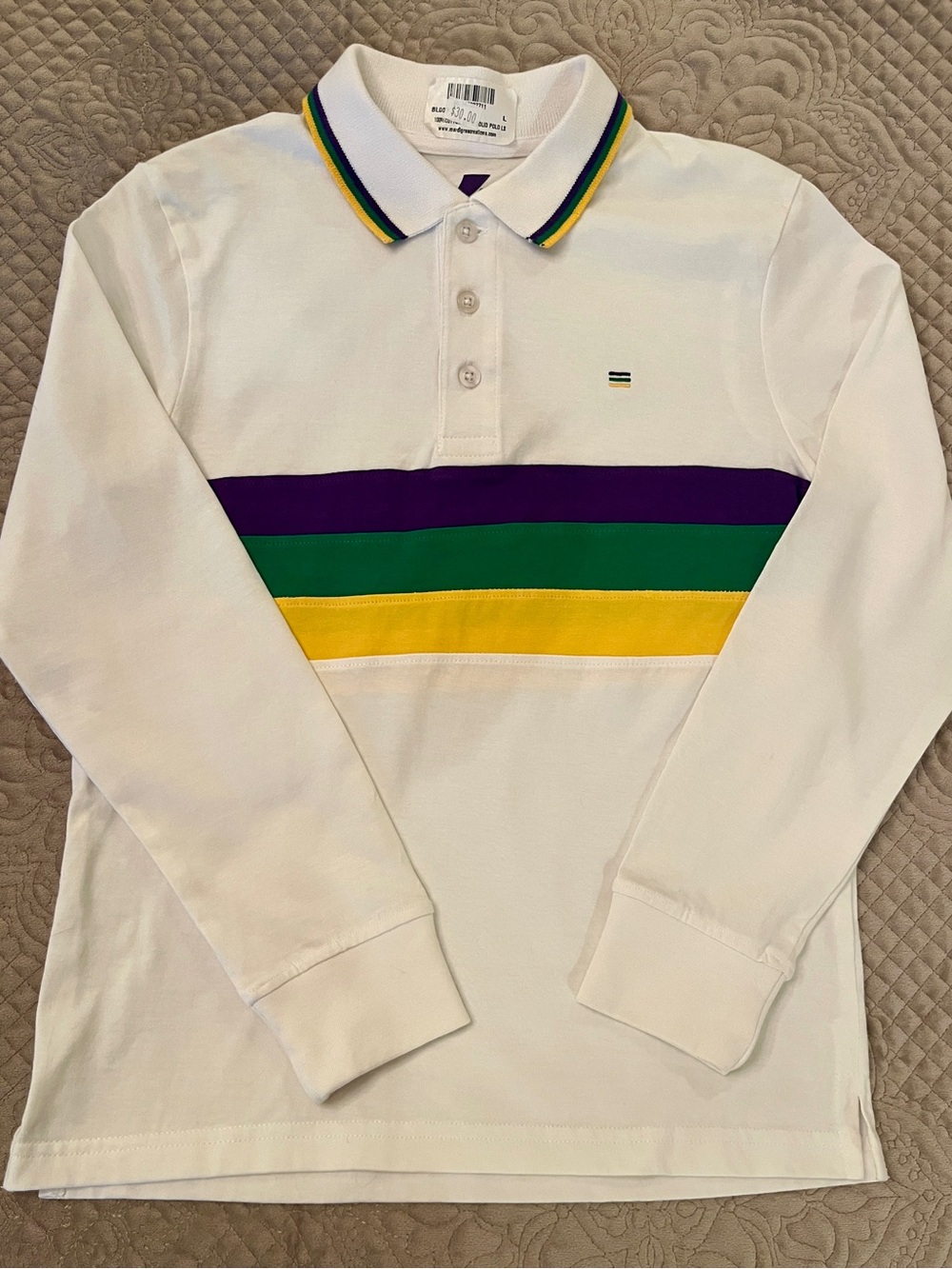 Mardi Gras White Long-Sleeve Kids Polo with Purple, Green & Yellow Stripes